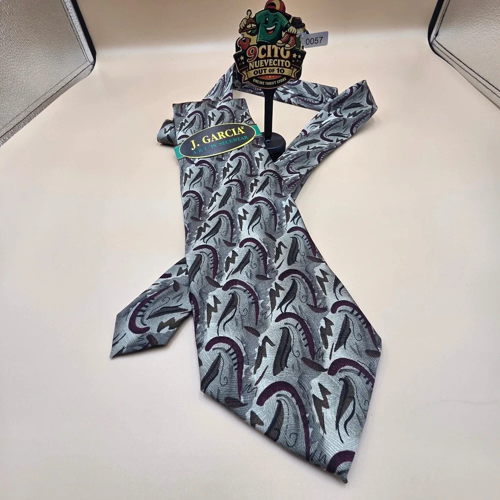 J. Garcia Mens Silk Tie Grey Burgundy Abstract Art Neckwear Collection Fourteen
